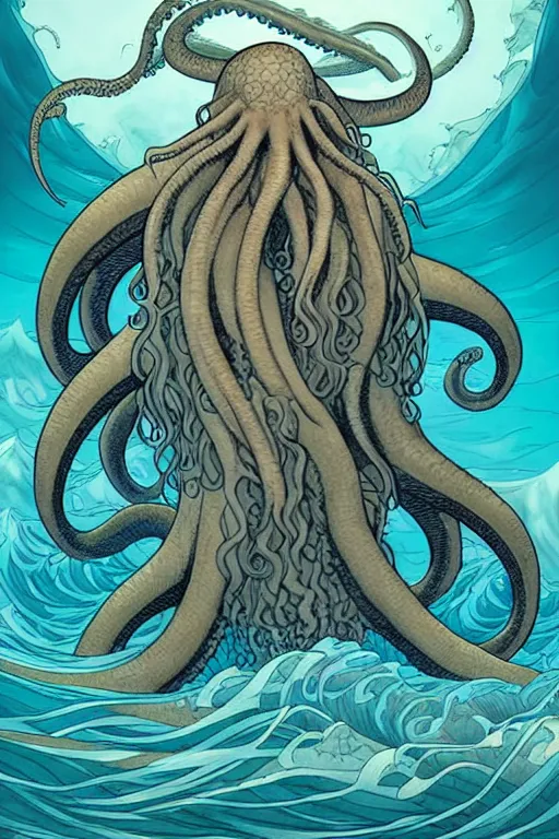 Prompt: comic cover art of a giant kraken emerging from a tempestuous sea, by jenny frison and sana takeda, intricate details, stunning inking lines, flat colors, 4 k, hd, artstation