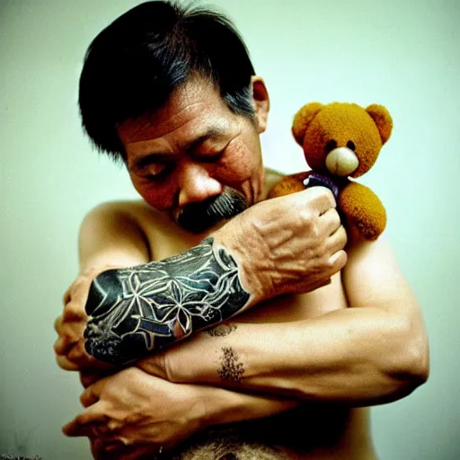 Prompt: ultra realistic photo of thai oldman with full - bodied cute and lovely tattoos over the years, with their teddy bear. 8 0 s. lighting dim. kodak etkar 1 0 0. awards winner photographers.