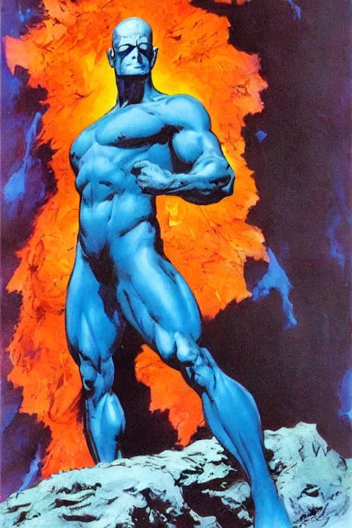 Prompt: painting by Frank Frazetta!!! of as Dr. Manhattan in Watchmen