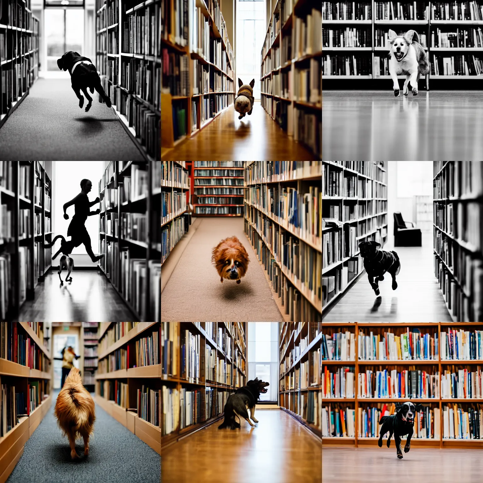 Prompt: Running dog in a library, Sigma 24 mm f/8, 1/10 s shutter speed