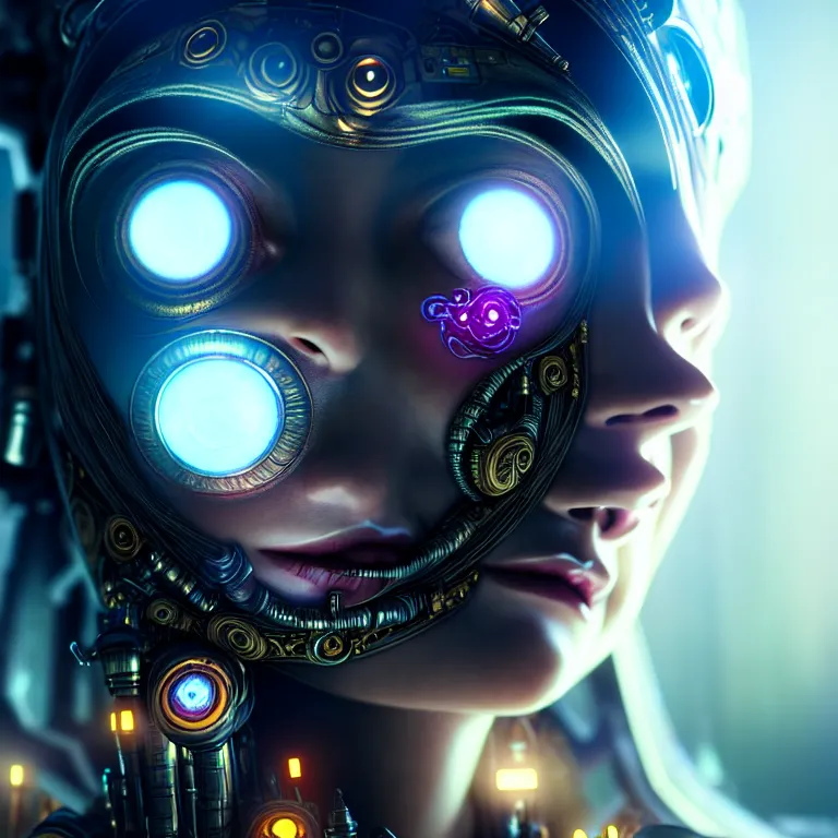 Prompt: ultra realistic beautiful cyborg deity eyes closed, scifi, cyberpunk, fantasy, intricate details, movie still, highly detailed, photorealistic, octane render, eerie, 8k, art by artgerm and alphonse mucha