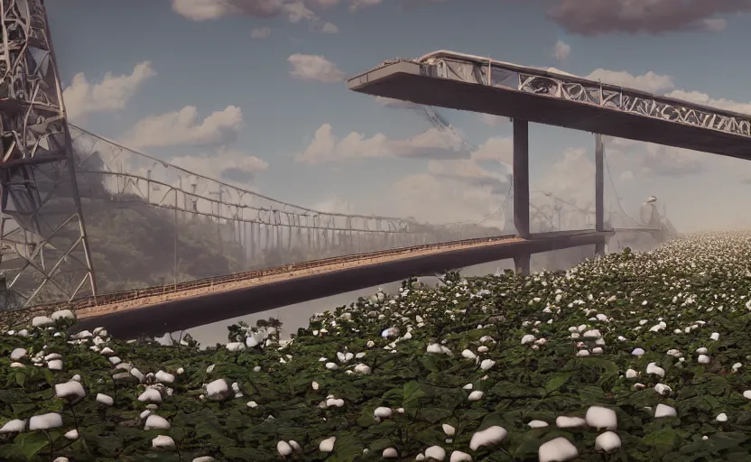 Prompt: a big bridge destroyed by enormous cotton plants, 3 d octane render, epic lighting, 8 k, by goro fujita