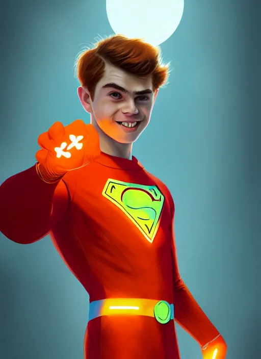 Image similar to kind teenage archie andrews wearing an orange superhero costume, freckles, superhero costume with heart emblem, cape, intricate, elegant, glowing lights, highly detailed, digital painting, artstation, sharp focus, illustration, art by wlop, mars ravelo and greg rutkowski