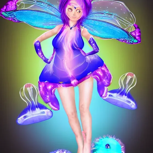 Prompt: fairy fused with realistic jellyfish dressed