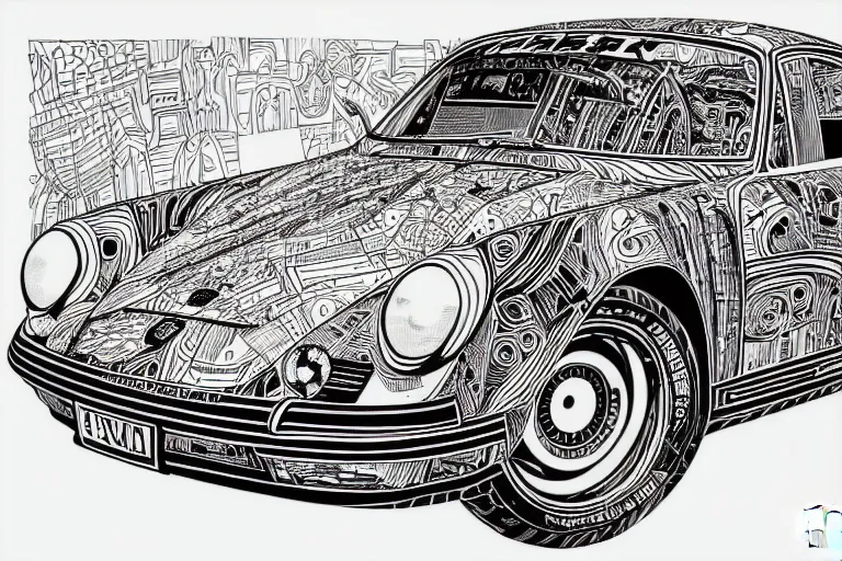 Image similar to a black and white drawing of a porsche 9 1 1, a detailed mixed media collage by hiroki tsukuda and eduardo paolozzi and moebius, intricate linework, sketchbook psychedelic doodle comic drawing, geometric, street art, polycount, deconstructivism, matte drawing, academic art, constructivism