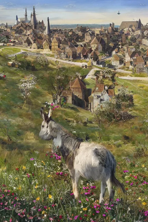 Prompt: very long shot of a windmill, wild beautiful donkey, spots of blue flowers nearby, medieval french landscape, Carcassonne, city of carcassonne in the background, by Stanley Artgerm Lau, WLOP, Rossdraws, frank frazetta, Andrei Riabovitchev, Marc Simonetti, tranding on artstation
