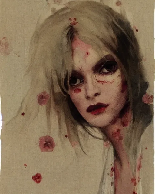 Prompt: a beautiful but sinister woman in layers of fear, wearing a linen shirt, with haunted eyes and big platinum hair, 1 9 7 0 s, seventies, floral wallpaper, delicate embellishments, a little blood, painterly, offset printing technique, by william russell flint