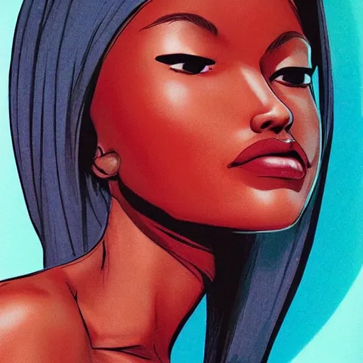 Prompt: A beautiful assemblage. She has deeply tanned skin that makes me think of Oort, an almond Asian face and a compact, powerful body. crimson by Brian Stelfreeze amorphous, dreary