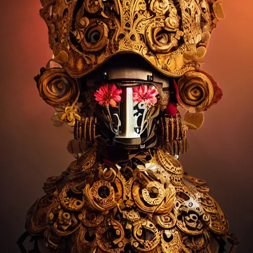 Image similar to a clockwork knoght wearing ornate wooden armor covered in flowers, brilliant colors, cinematic lighting