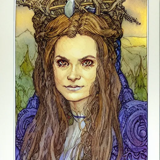 Image similar to a beautiful and very detailed character concept watercolour portrait of sanna marin, the young female prime minister of finland as a druidic wizard by alan lee, rebecca guay, michael kaluta, charles vess and jean moebius giraud