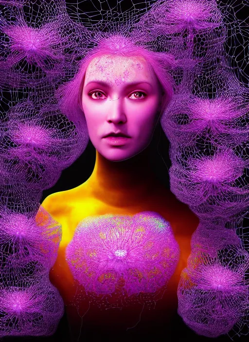 Image similar to hyper detailed 3d render like a Oil painting - smirking Aurora (Singer) seen Eating of the Strangling network of yellowcake aerochrome and milky Fruit and Her delicate Hands hold of gossamer polyp blossoms bring iridescent fungal flowers whose spores black the foolish stars by Jacek Yerka, Mariusz Lewandowski, Houdini algorithmic generative render, Abstract brush strokes, Masterpiece, Edward Hopper and James Gilleard, Zdzislaw Beksinski, Mark Ryden, Wolfgang Lettl, hints of Yayoi Kasuma, octane render, 8k