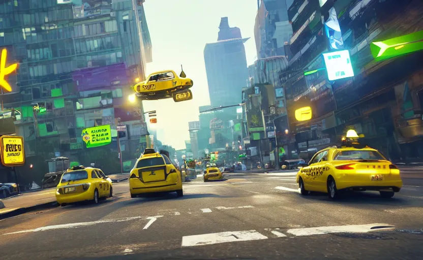 Image similar to ps 4 game about a frog driving a taxi, unreal 4 screenshot,