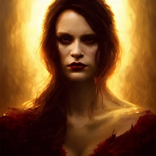 Prompt: majestic gracious regal female brunette vampire portrait, menacing atmospheric lighting, painted, menacing, intricate, volumetric lighting, beautiful, rich deep colours masterpiece, golden hour, sharp focus, ultra detailed, by leesha hannigan, ross tran, thierry doizon, kai carpenter, ignacio fernandez rios