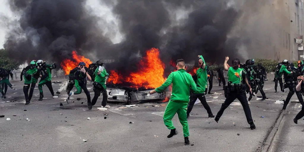 Image similar to photo of young men wearing green tracksuits fighting cops in a riot with burning cars, mid shot, editorial photography