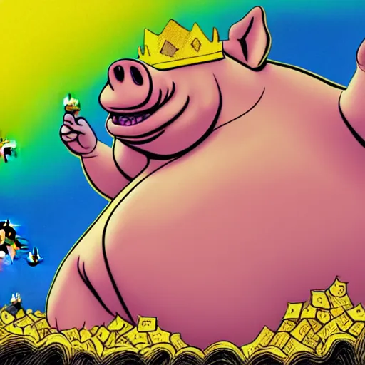 Prompt: trippy comic art of a obese pig wearing a gold crown throwing pork rinds snacks into the air, drawn by Martin Rowson, Tim Burton, Studio Ghibli, Alex Pardee, Nekro Petros Afshar, James McDermott, colors by lisa frank, unstirred paint, vivid color, cgsociety 4K