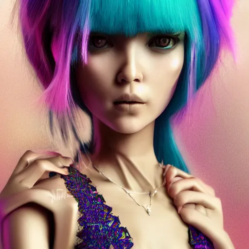 Prompt: Ethereal, mysterious stunning maximalist mesmerizing cyberpunk girl named Dora The Explorer from the rainbow sky paradise, high-tech, professional high fashion model photo shoot, hyperdetailed by Mark Ryden and artgerm and Hiroyuki-Mitsume Takahashi, 35mm macro shot, hyperrealism, 8k resolution 3D, cinematic, dynamic lighting, octane render, unreal engine 5