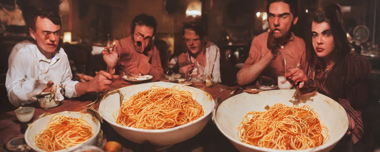 Image similar to celebrities eating spaghetti out of a giant bowl, high detailed face, facial expression, small details, intricate, canon 5 0 mm, cinematic lighting, photography, film, kodachrome