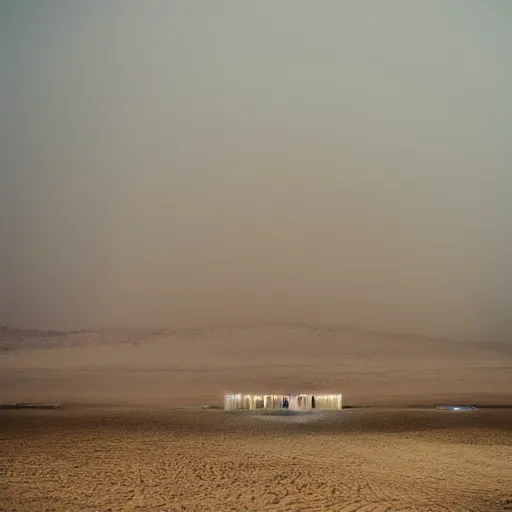 Prompt: massive concrete building, in the desert seen through a sandstorm, neon lights, james turrel, minimalist architecture,