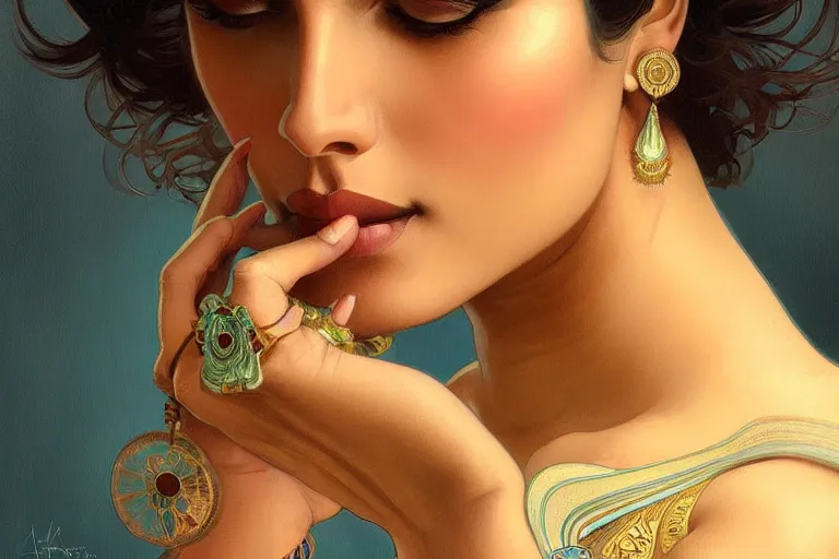 Image similar to sensual pale beautiful indian doctor in jeans, art deco portrait, elegant, intricate, digital painting, artstation, concept art, smooth, sharp focus, illustration, art by artgerm and greg rutkowski and alphonse mucha