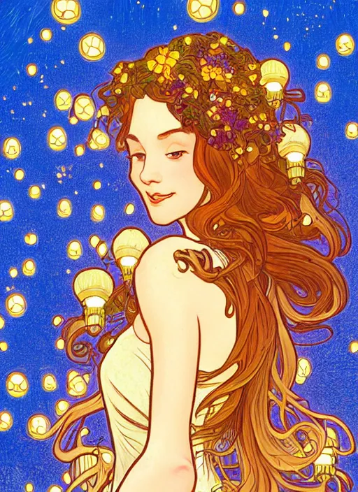 Image similar to well - lit art nouveau portrait of a young innocent girl with hair blowing in the wind in a flower garden with lanterns and fireflies at night,, natural lighting, path traced, highly detailed, high quality, cartoon, digital painting, by don bluth and alphonse mucha and ross tran