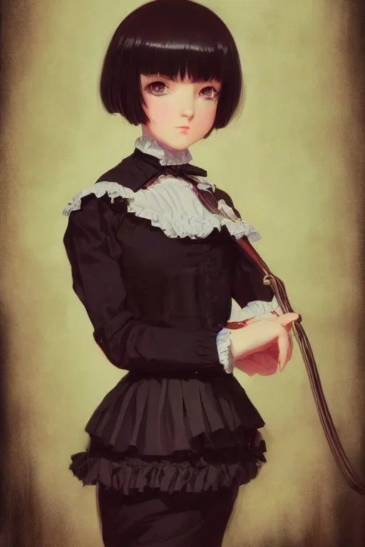 Image similar to a portrait of a cute young woman in a Victorian maid outfit with black bob cut hair, steampunk setting, vivid colors, soft lighting, atmospheric, cinematic, moody, in the style of Ilya Kuvshinov and Range Murata, Krenz Cushart, oil on canvas, 8k