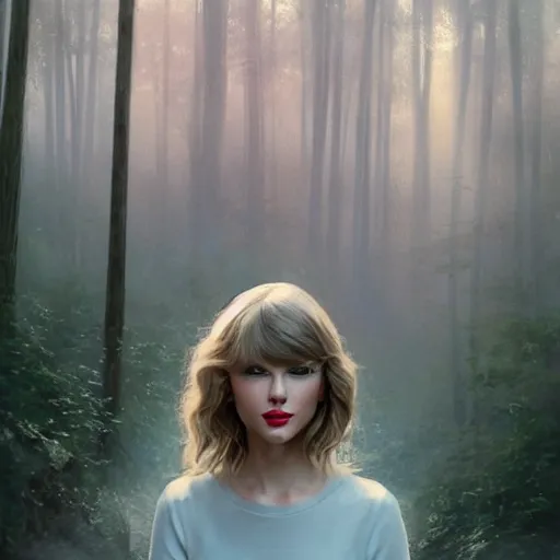 Image similar to taylor swift holding her hand out for you to hold, long hair with bangs, Crystal clear blue eyes, full-body-shot, beautiful fog lit forest backround, oil colors, elegant, sharp focus, cute face, Hyper-realistic, Highly Detailed, HD, Dramatic Lighting by Brom, by beeple, studio ghibli, wallpaper, highly detailed, trending on artstation