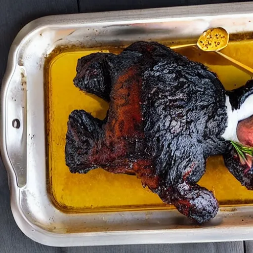 Image similar to roasted spatch donald duck in a baking tray with rosemary and thyme, cooking oil, steam, charred, ready to eat, electric sparks