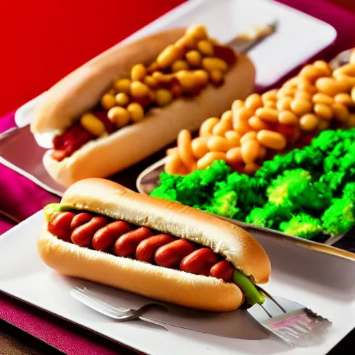 Prompt: promotional photo of a delicious hot dog with broccoli, mustard, ketchup and baked beans, detailed, uhd, 8k, award winning,