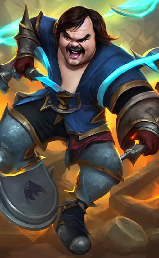 Image similar to Jack Black as a character in the game League of Legends, with a background based on the game League of Legends, detailed face, old 3d graphics