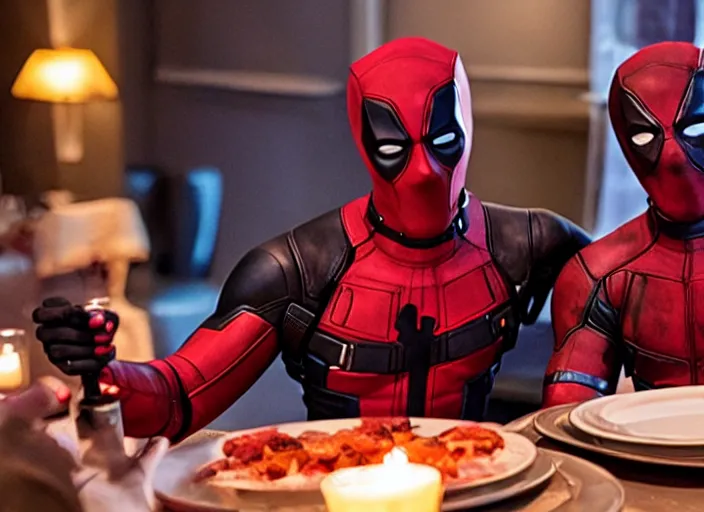 Image similar to film still of Deadpool having a romantic dinner with Spiderman in the new Deadpool movie, 4k