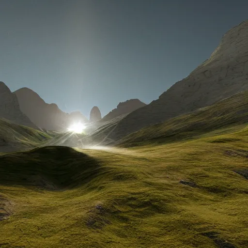 Image similar to mountain scenery, high resolution render, photorealistic, volumetric light