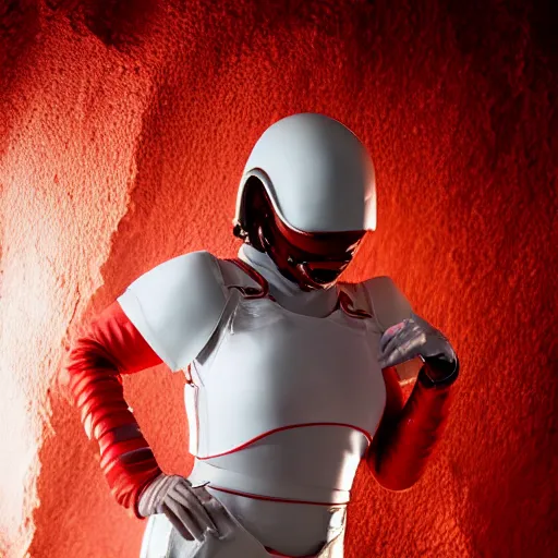 Prompt: headshot of a athletic female soldier in glossy sleek white armor with tiny red details and a long red cape, heroic posture, on the surface of mars, night time, dramatic lighting, cinematic, sci-fi, hyperrealistic