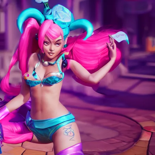 Image similar to still of pretty Jinx (League of Legends) in KDA More music video. 3d render, octane render, game art, realistic, highly detailed, trending on artstation, 4k, trending on artstation, pixar, cgsociety, unreal engine 5, redshift render, trending on artstation, blender, behance, cg