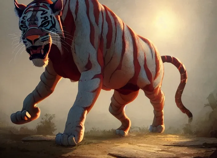 Image similar to a key shot of Liger animation at mid-day, medium shot, waist up, studio Ghibli, Pixar and Disney animation, sharp, key art by Greg Rutkowski, dramatic lighting, flat texture, J.C. LEYENDECKER