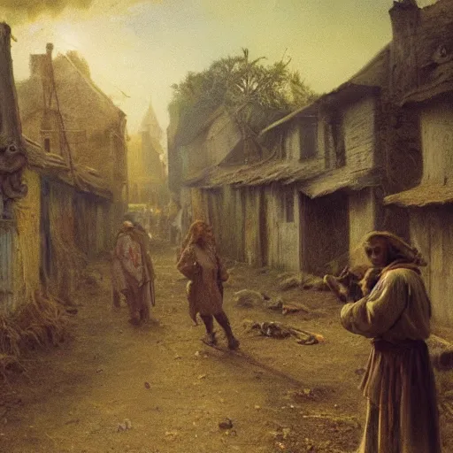 Prompt: jean francois millet as slum neighborhood on lord of the ring, random content position, human face details with, emotion, environment contents detail, incrinate, rgb color