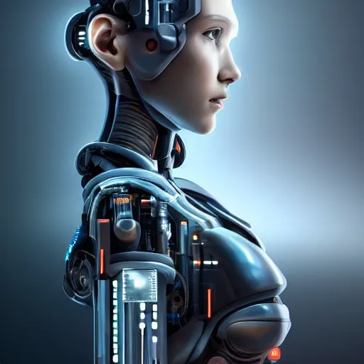 Image similar to Perfectly-Centered Portrait-Photograph of Mechanical Cyberpunk Female Android's upper torso with head and shoulders and hands, intricate, elegant, super highly detailed, professional digital painting, artstation, concept art, smooth, sharp focus, no blur, no dof, extreme illustration, Unreal Engine 5, Photorealism, HD quality, 8k resolution, cinema 4d, 3D, beautiful, cinematic, art by artgerm and greg rutkowski and alphonse mucha and loish and WLOP