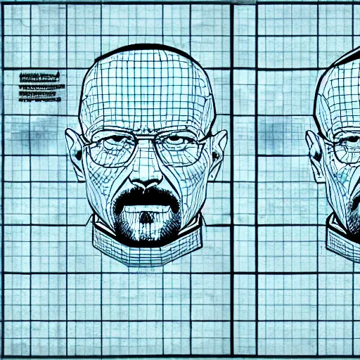 Prompt: 3 d modelling reference of walter white video game character. free download for artists. front and side view blueprint.