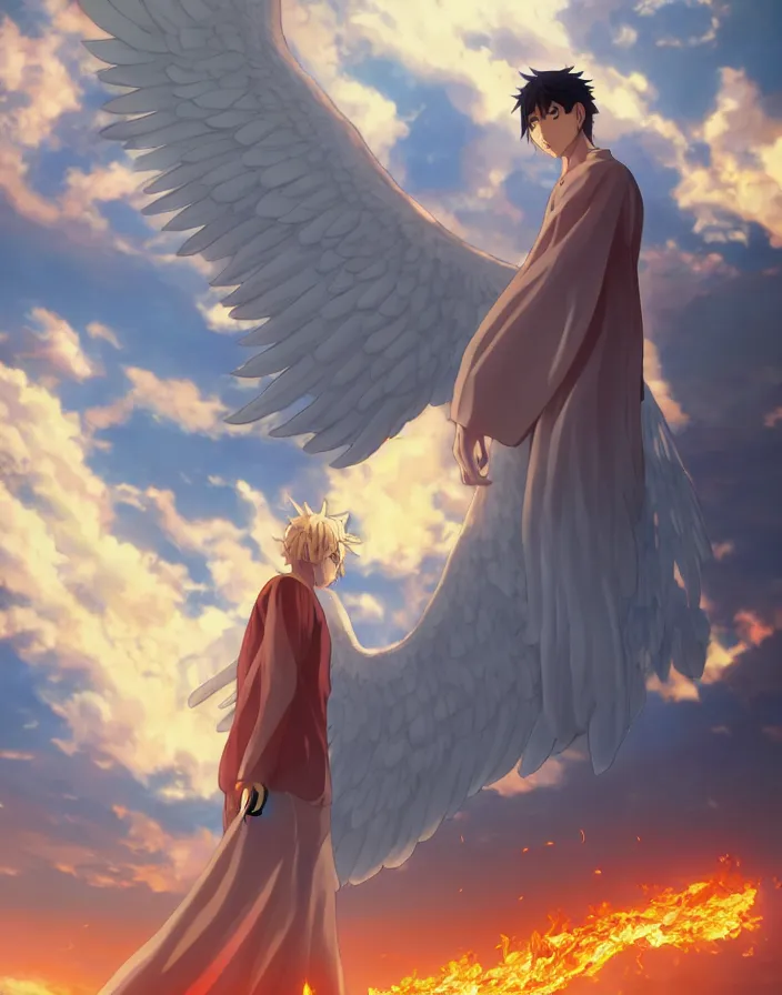 Image similar to lucifer cast out of heaven by yusuke murata and makoto shinkai, clouds, fire, angels, 8k, cel shaded, unreal engine, featured on artstation, pixiv