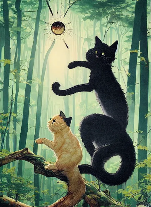 Image similar to a hyper realistic ink cat and the meaning of life and sunbeams blue sky, lush forest poster art by chiara bautista and kim jung giu and norman rockwell and greg rutkowski weta studio, and lucasfilm