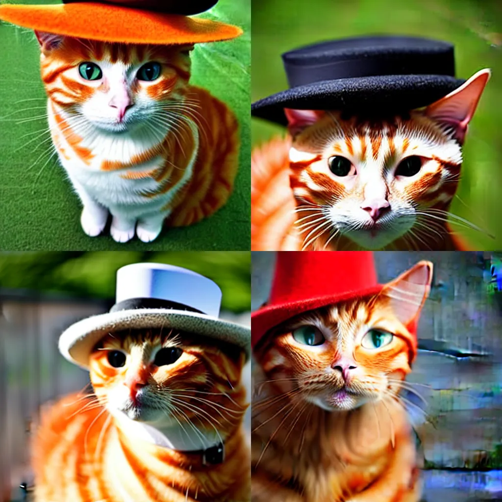 Prompt: a ginger cat wearing a hat