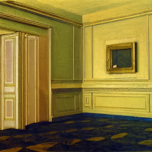 Prompt: an empty room made of ivory and gold filigree, daguerreotype by edward hopper, by Bosch, by klimt, art noveau, highly detailed, strong lights, liminal, eerie, Bright pastel colors, octane render, 8k,