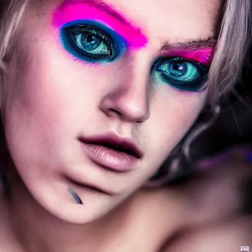 Image similar to A gorgeous blonde, grungy, neon eyes, modelsociety, perfect face, intricate, Sony a7R IV, symmetric balance, polarizing filter, Photolab, Lightroom, 4K, Dolby Vision, Photography Award