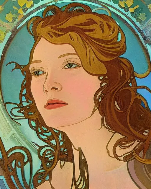 Image similar to a portrait painting of ( ( ( tilda swindon ) ) ) in the style of alphonse mucha!!!