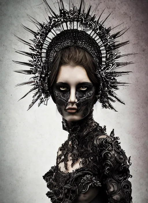 Image similar to a portrait of female model by stefan geselle and nekro borja, photorealistic, intricate details, hyper realistic, dark fantasy, ornate headpiece, dark beauty, photorealistic, canon r 3, photography, wide shot, photography, dark beauty, symmetrical features, wide angle shot, whole body, full body shot, standing pose, colored