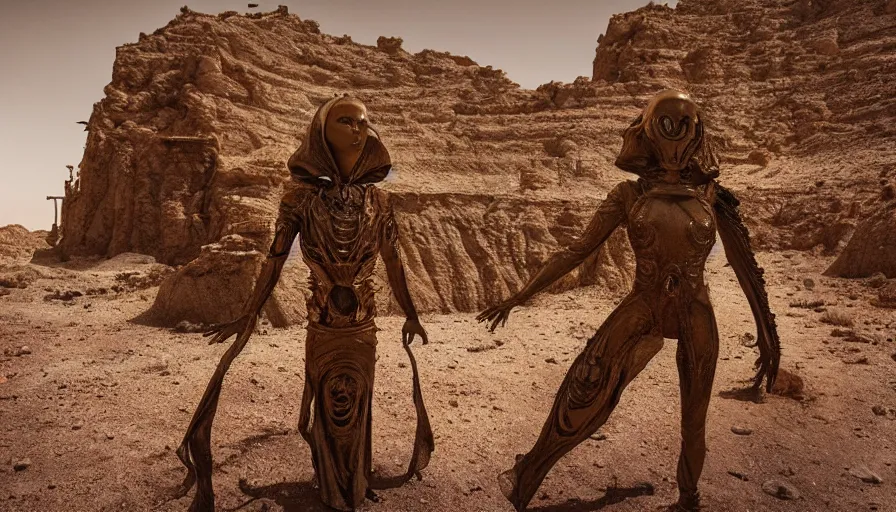 Image similar to levitating bene gesserit with full - face golden mask in a dry rocky desert landscape, alien city ruins designed by giger, giant abandoned alien city by alejandro jodorowsky, anamorphic lens, kodakchrome, practical effects, masterpiece, 8 k