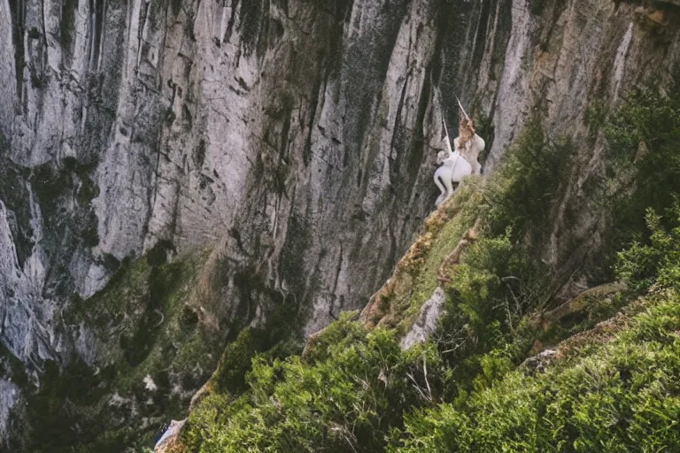 Image similar to beautiful unicorn cliff side 85mm by Emmanuel Lubezki