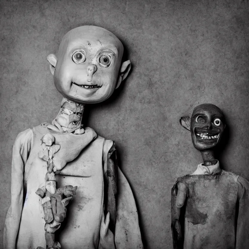 Prompt: creepy ventriloquist dummy in the style of roger ballen, 4 k, bw, portrait