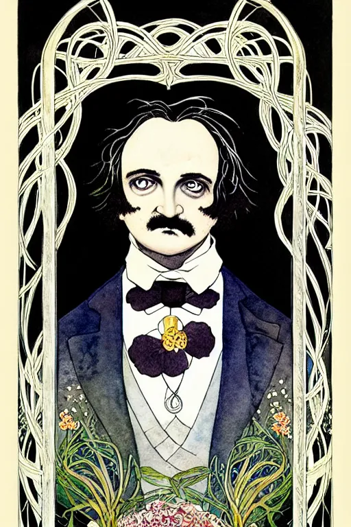 Prompt: symmetrical portrait of edgar allen poe in the center of an ornate floral frame, art by kay nielsen and walter crane, illustration style, watercolor