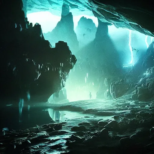 Image similar to “underground dark fantasy city in a giant cave, bioluminescent mushrooms, magic crystals, Artstation HQ, photorealistic, hiperrealistic, 4k UHD, Unreal Engine 5, cinematic shot, cinematic lightning, dark tones, high contrast, masterpiece”