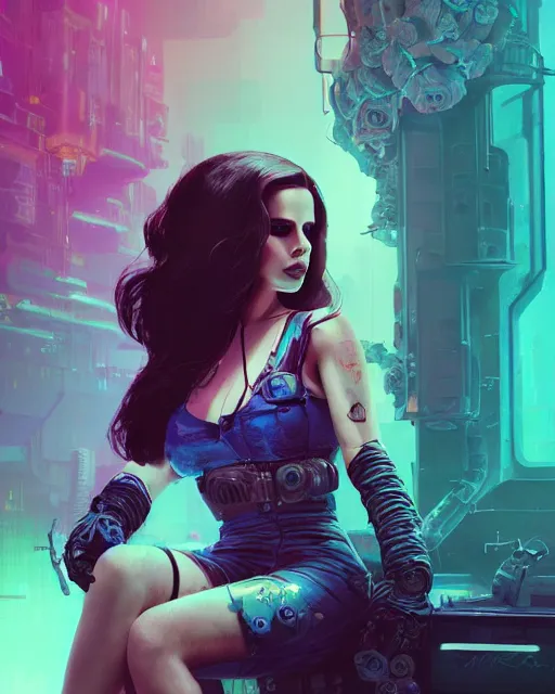 Image similar to portrait of lana del rey as a cyberpunk cyborg. roses, sci - fi, missing panels, intricate abstract upper body intricate artwork, by tooth wu, wlop, beeple, dan mumford. concept art, octane render, deviantart, greg rutkowski, cinematic, key art, hyperrealism, iridescent accents